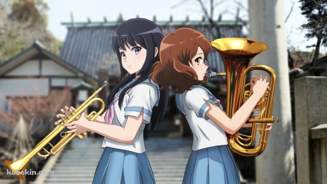 背中合わせで楽器の練習をする高坂麗奈と黄前久美子 / 響け!ユーフォニアムの壁紙(1051px x 591px) 高画質 PC・デスクトップ用