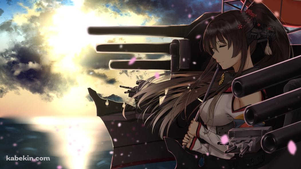 海沿いで赤い和傘をさして目をつぶる大和 / 艦隊これくしょんの壁紙(1051px x 591px) 高画質 PC・デスクトップ用