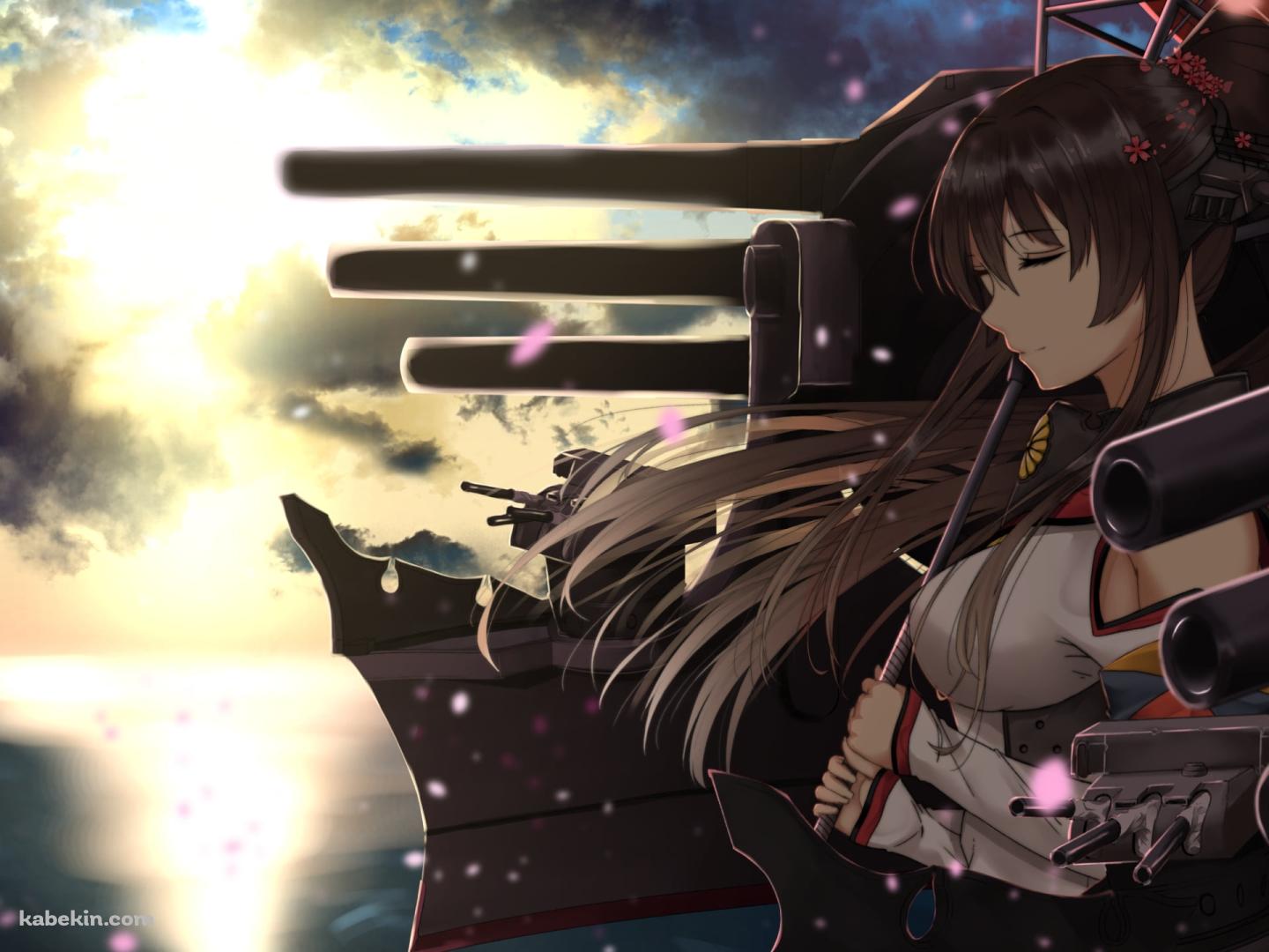 海沿いで赤い和傘をさして目をつぶる大和 / 艦隊これくしょんの壁紙(1440px x 1080px) 高画質 PC・デスクトップ用