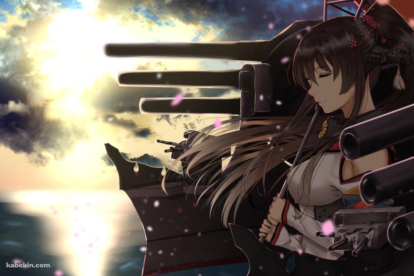 海沿いで赤い和傘をさして目をつぶる大和 / 艦隊これくしょんの壁紙(1440px x 960px) 高画質 PC・デスクトップ用
