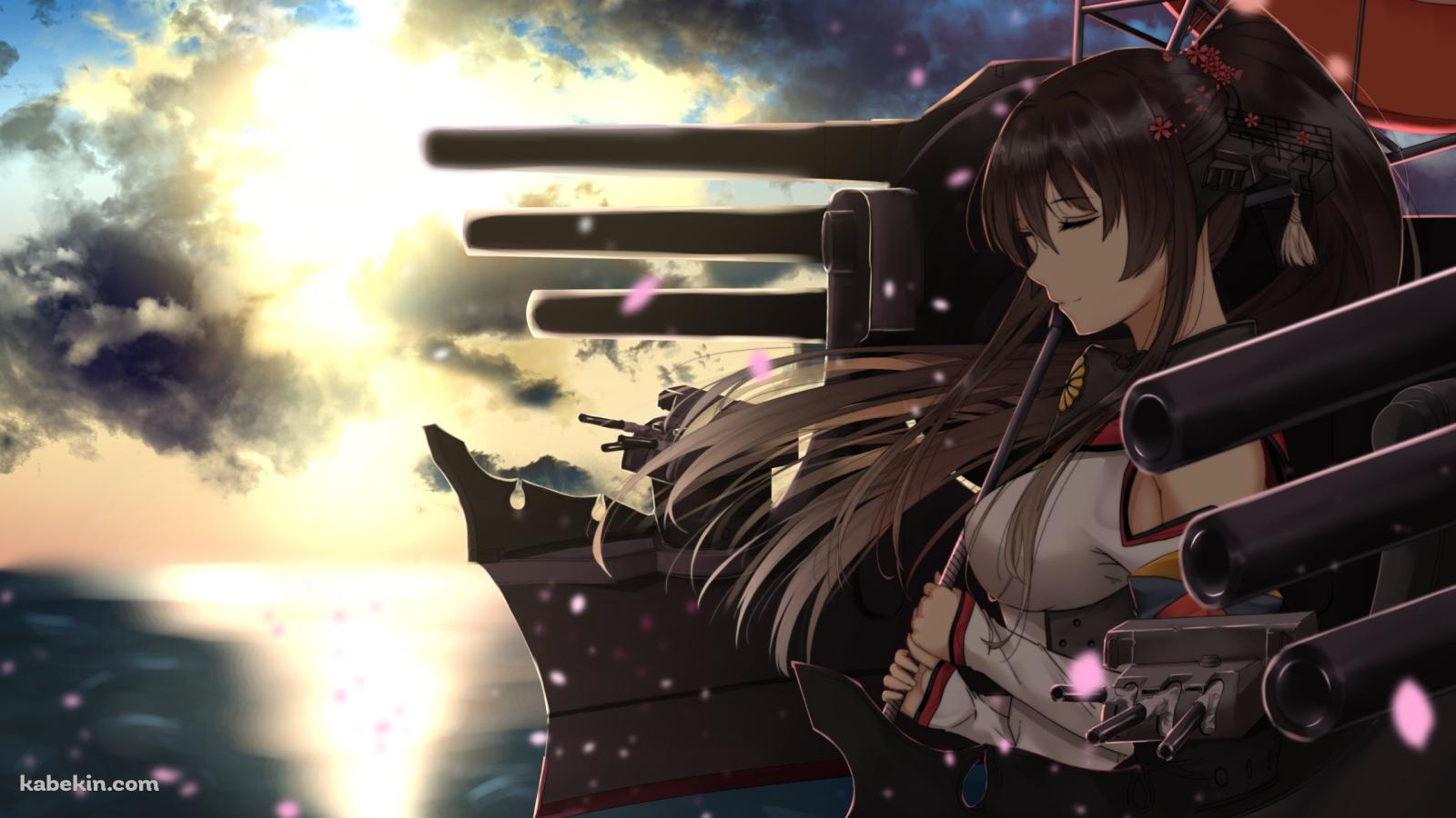 海沿いで赤い和傘をさして目をつぶる大和 / 艦隊これくしょんの壁紙(1600px x 900px) 高画質 PC・デスクトップ用