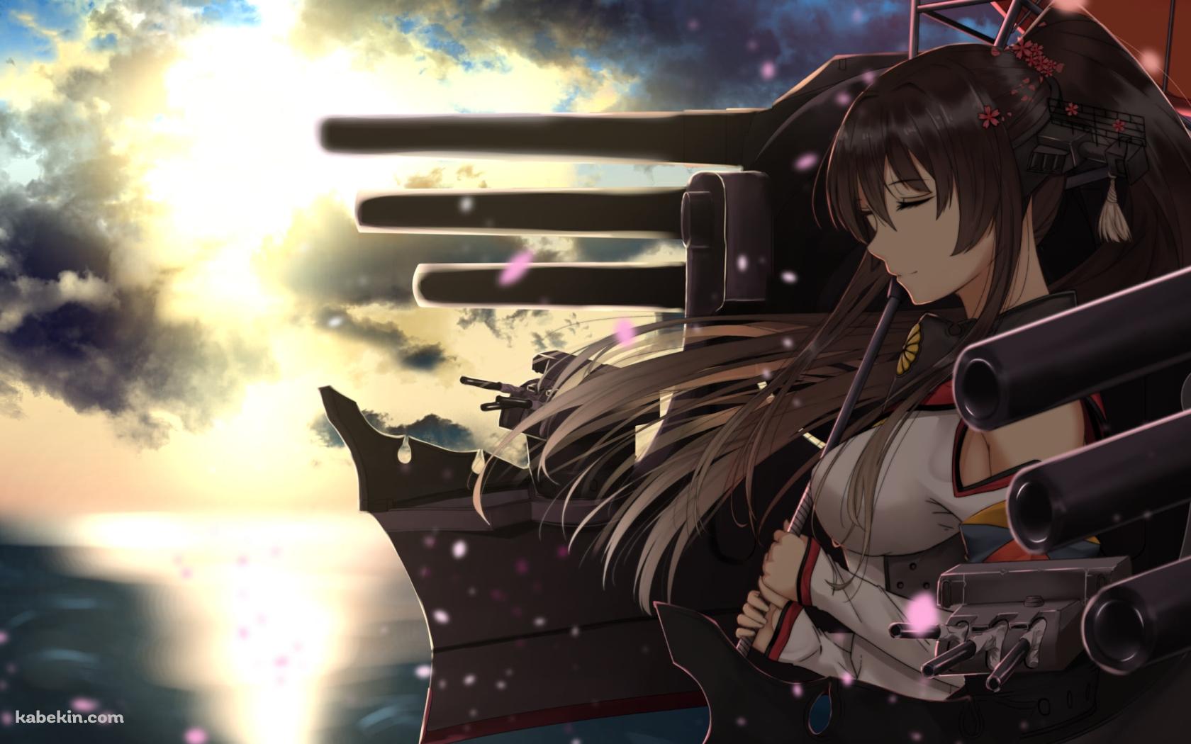 海沿いで赤い和傘をさして目をつぶる大和 / 艦隊これくしょんの壁紙(1680px x 1050px) 高画質 PC・デスクトップ用