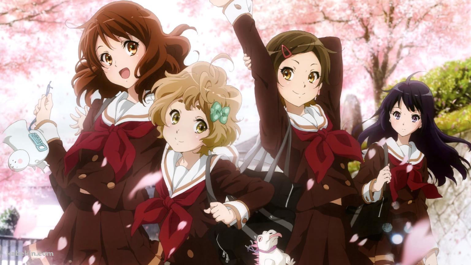 桜の花と高坂麗奈・黄前久美子・加藤葉月・川島緑輝 / 響け!ユーフォニアムの壁紙(1536px x 864px) 高画質 PC・デスクトップ用