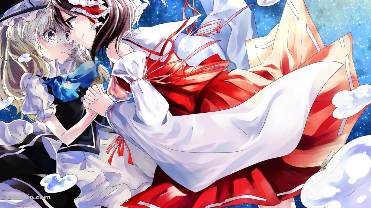 両手を合わせて見つめ合う博麗霊夢と霧雨魔理沙 / 東方の壁紙(1280px x 720px) 高画質 PC・デスクトップ用