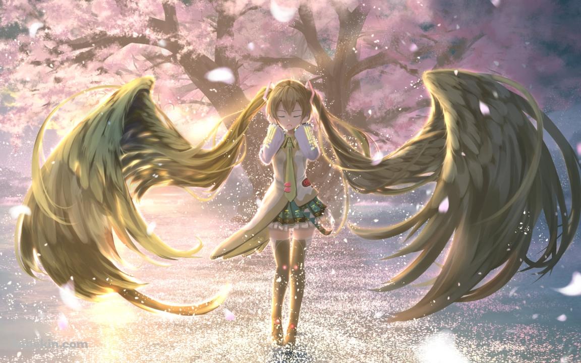 髪が黒い羽のようになった初音ミク / 桜の木 / ボカロ / ボーカロイドの壁紙(1152px x 720px) 高画質 PC・デスクトップ用
