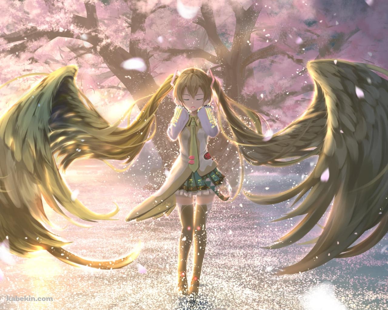 髪が黒い羽のようになった初音ミク / 桜の木 / ボカロ / ボーカロイドの壁紙(1280px x 1024px) 高画質 PC・デスクトップ用