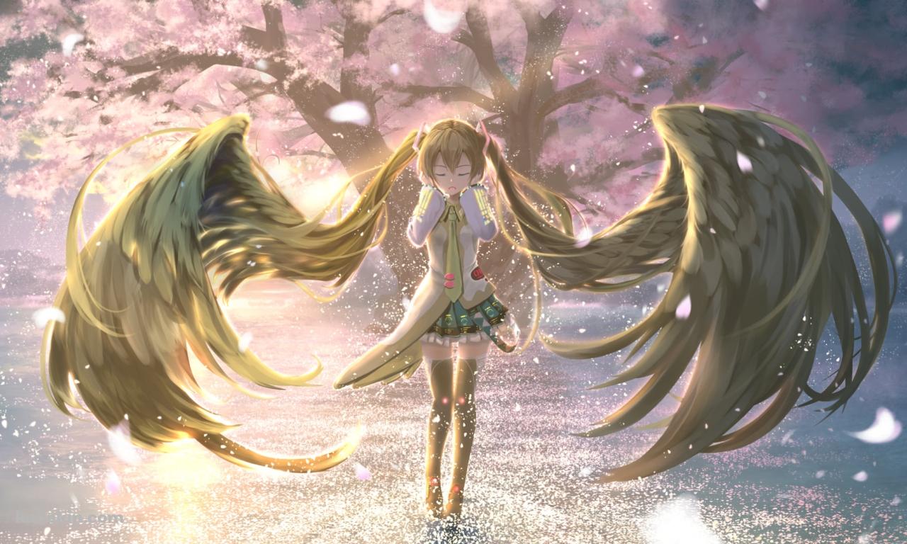 髪が黒い羽のようになった初音ミク / 桜の木 / ボカロ / ボーカロイドの壁紙(1280px x 768px) 高画質 PC・デスクトップ用