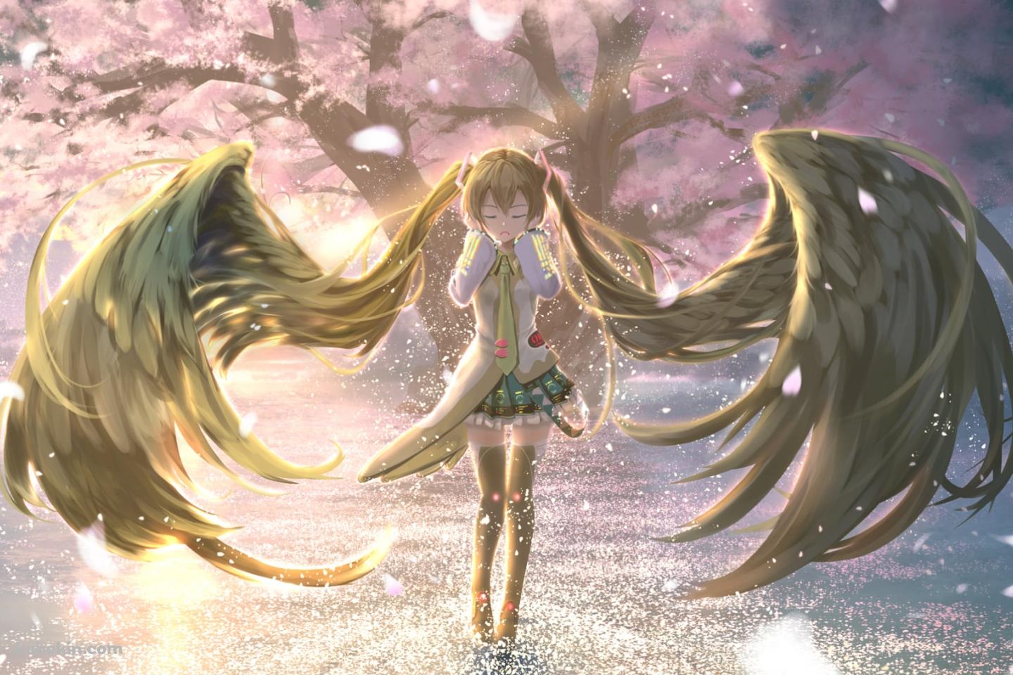 髪が黒い羽のようになった初音ミク / 桜の木 / ボカロ / ボーカロイドの壁紙(1440px x 960px) 高画質 PC・デスクトップ用