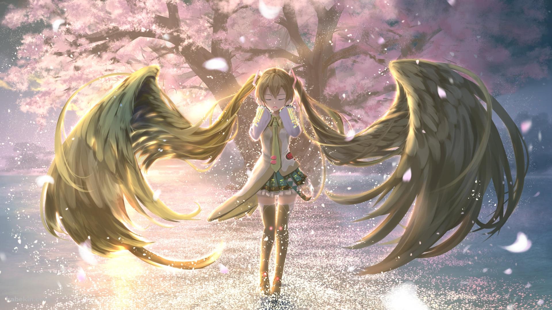 髪が黒い羽のようになった初音ミク / 桜の木 / ボカロ / ボーカロイドの壁紙(1920px x 1080px) 高画質 PC・デスクトップ用