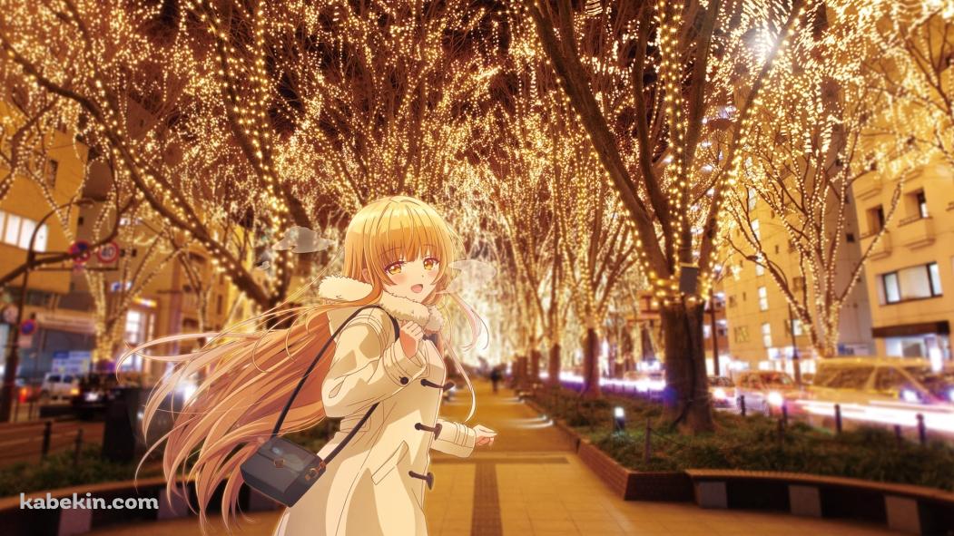 冬、ライトアップされた街中で微笑む椎名真昼 / お隣の天使様にいつの間にか駄目人間にされていた件の壁紙(1051px x 591px) 高画質 PC・デスクトップ用