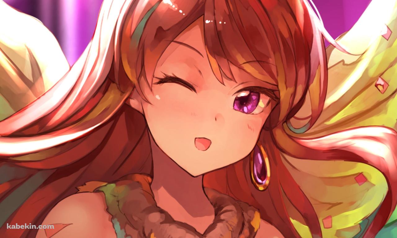 羽の生えた衣装を着てウィンクする紫吹蘭(しぶき らん) / アイカツ!の壁紙(1280px x 768px) 高画質 PC・デスクトップ用