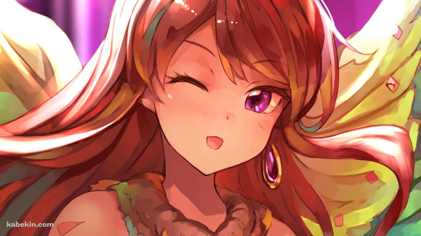 羽の生えた衣装を着てウィンクする紫吹蘭(しぶき らん) / アイカツ!の壁紙(1366px x 768px) 高画質 PC・デスクトップ用