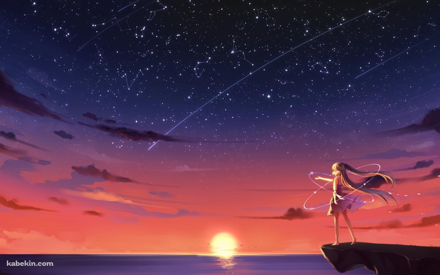 海沿いの岸壁に立ち夕陽を眺める初音ミク / 流れ星 / ボカロ / ボーカロイドの壁紙(1440px x 900px) 高画質 PC・デスクトップ用