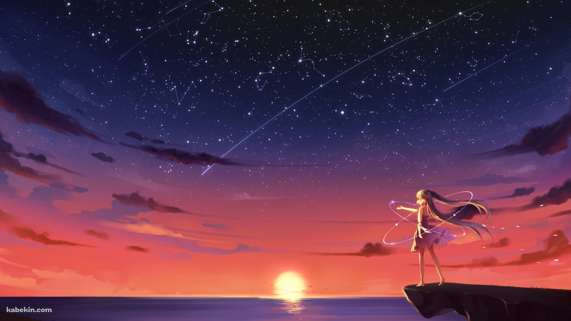海沿いの岸壁に立ち夕陽を眺める初音ミク / 流れ星 / ボカロ / ボーカロイドの壁紙(1920px x 1080px) 高画質 PC・デスクトップ用