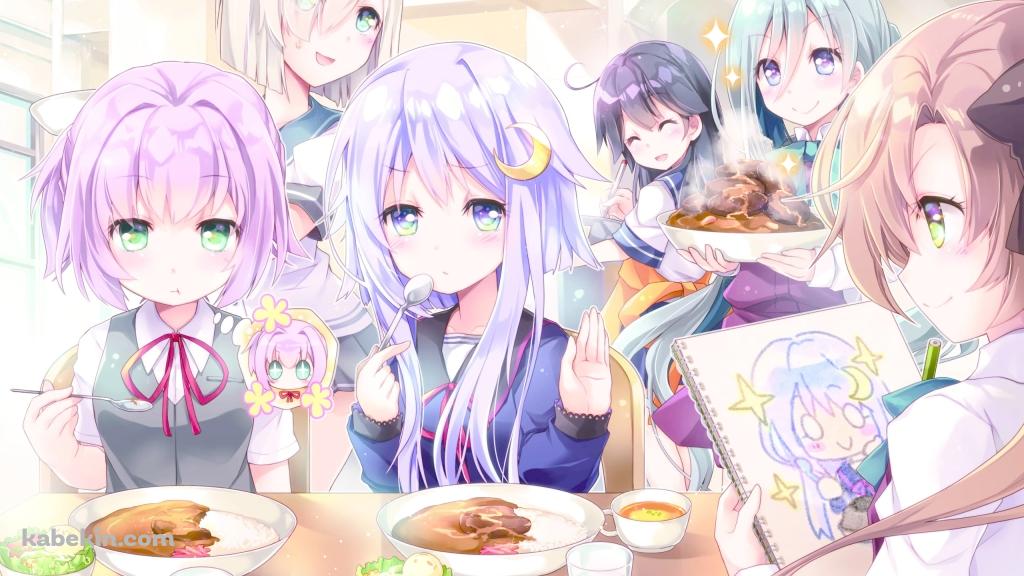 みんな集まってカレーを食べる浜風、潮、不知火、弥生、清霜、秋雲 / 艦隊これくしょんの壁紙(1024px x 576px) 高画質 PC・デスクトップ用