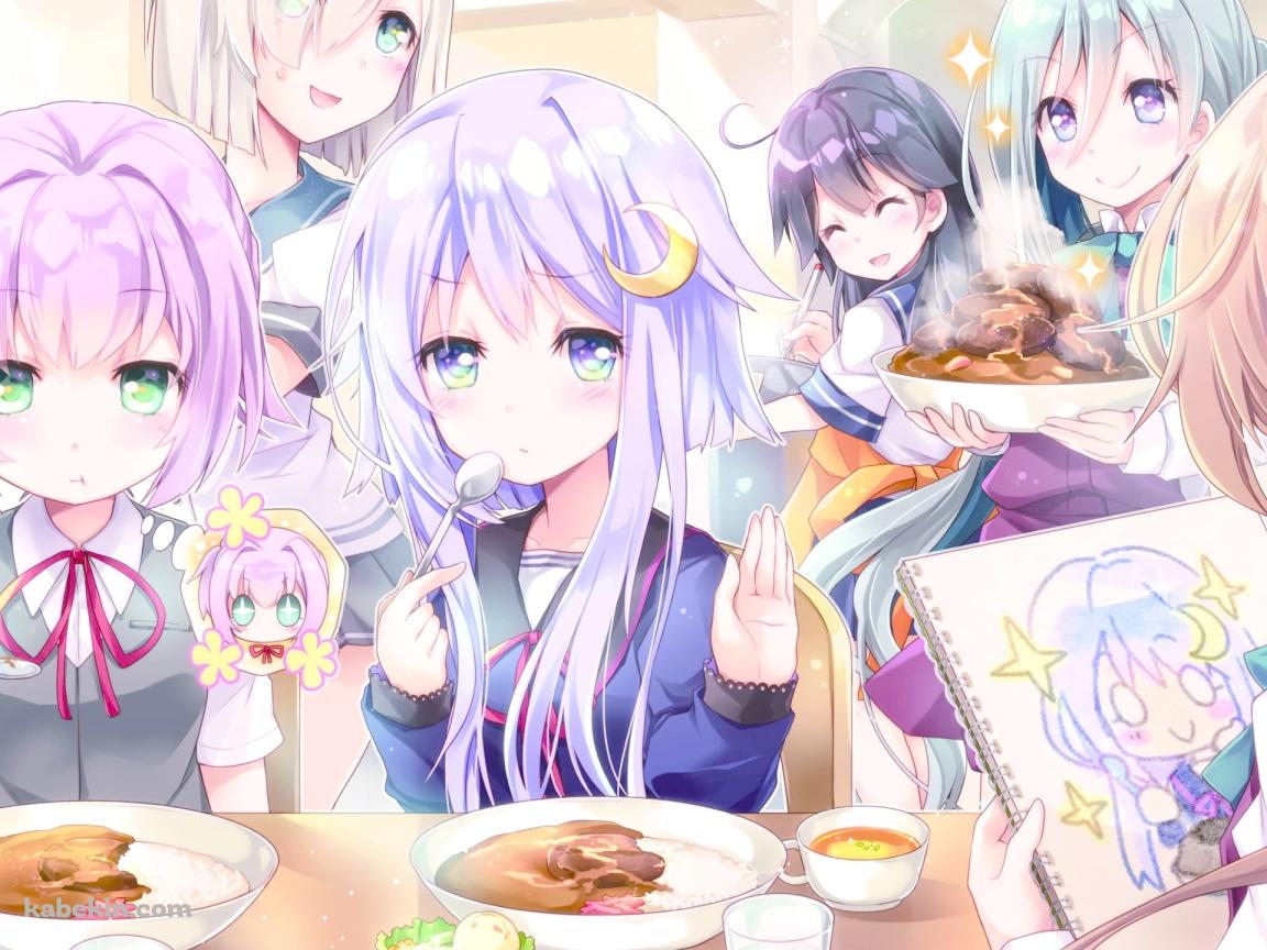 みんな集まってカレーを食べる浜風、潮、不知火、弥生、清霜、秋雲 / 艦隊これくしょんの壁紙(1152px x 864px) 高画質 PC・デスクトップ用