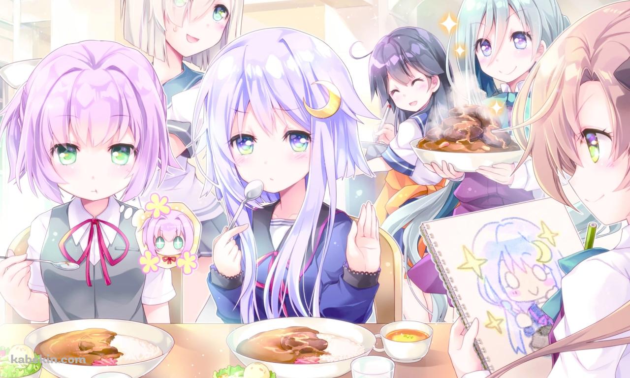 みんな集まってカレーを食べる浜風、潮、不知火、弥生、清霜、秋雲 / 艦隊これくしょんの壁紙(1280px x 768px) 高画質 PC・デスクトップ用
