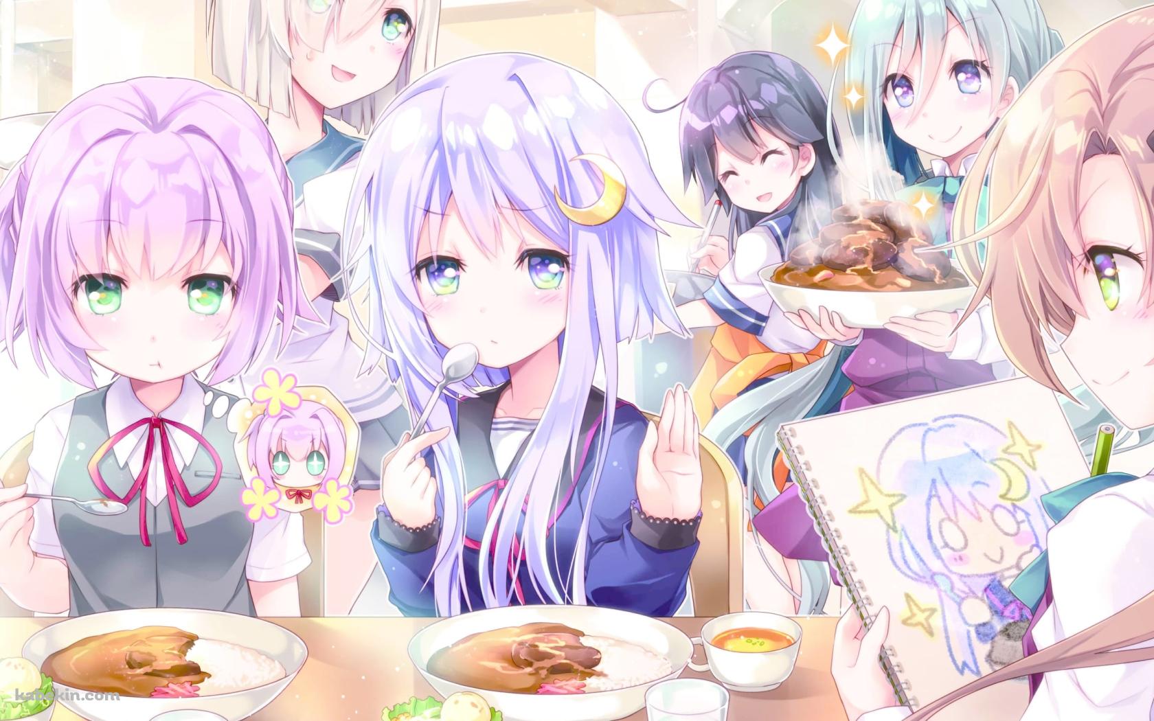 みんな集まってカレーを食べる浜風、潮、不知火、弥生、清霜、秋雲 / 艦隊これくしょんの壁紙(1680px x 1050px) 高画質 PC・デスクトップ用