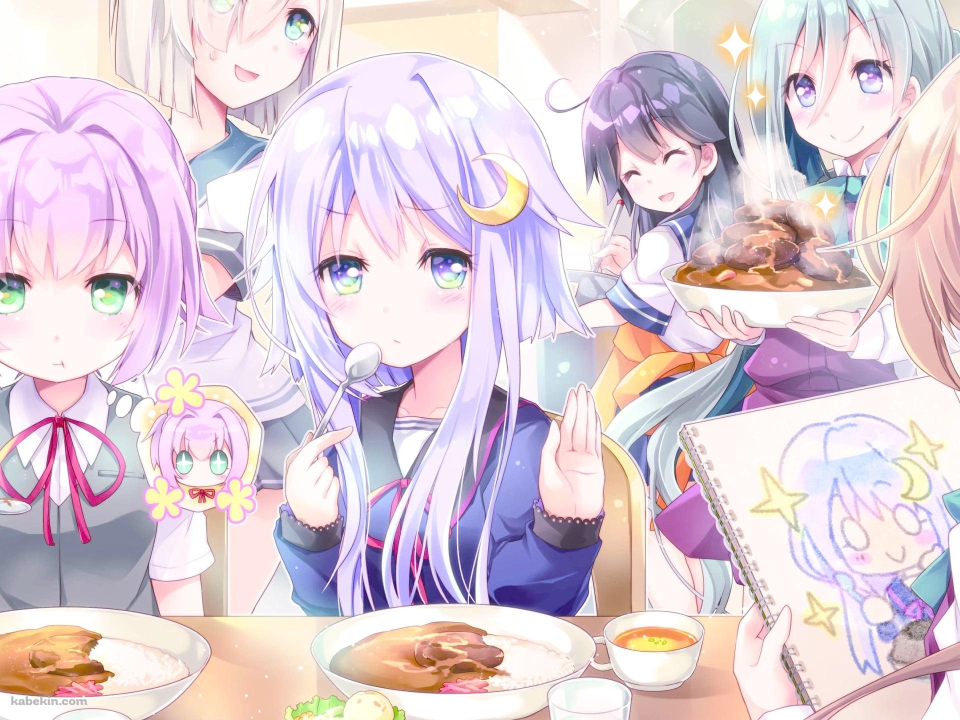 みんな集まってカレーを食べる浜風、潮、不知火、弥生、清霜、秋雲 / 艦隊これくしょんの壁紙(1920px x 1440px) 高画質 PC・デスクトップ用