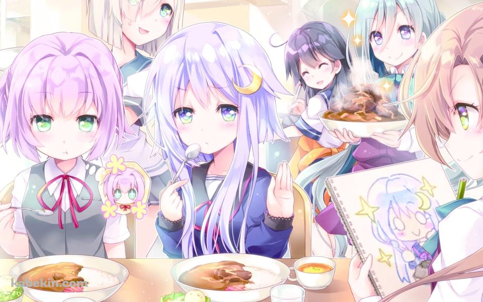 みんな集まってカレーを食べる浜風、潮、不知火、弥生、清霜、秋雲 / 艦隊これくしょんの壁紙(960px x 600px) 高画質 PC・デスクトップ用