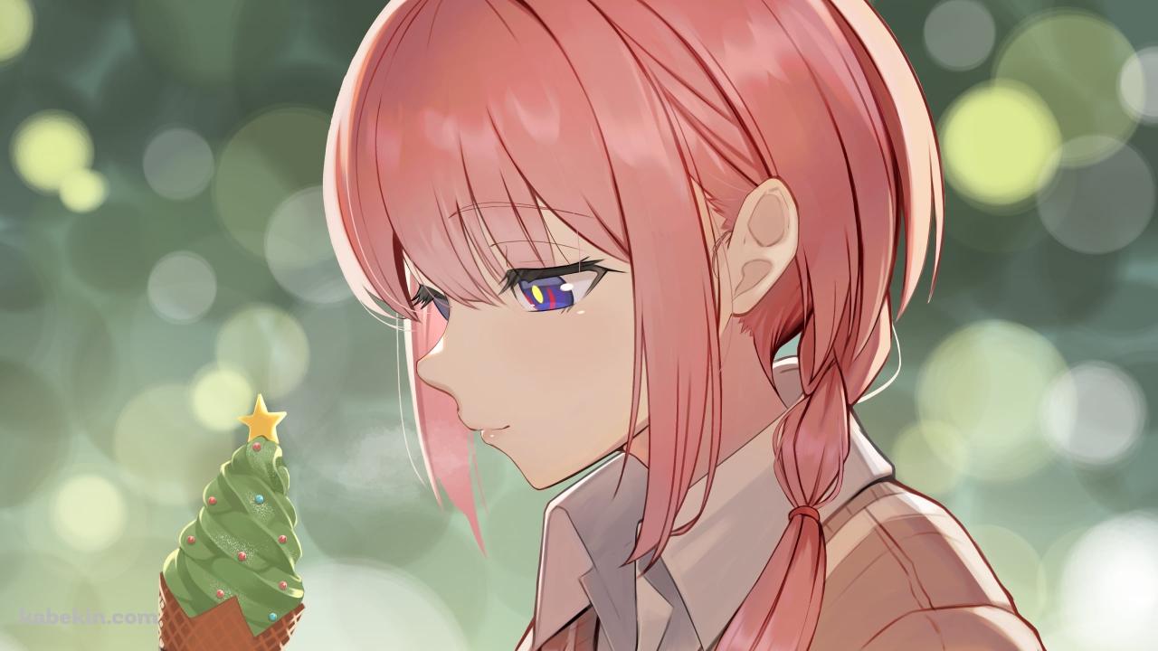 クリスマスツリーを模した緑のアイスを見つめる花譜 / バーチャルYouTuber / Vtuberの壁紙(1280px x 720px) 高画質 PC・デスクトップ用