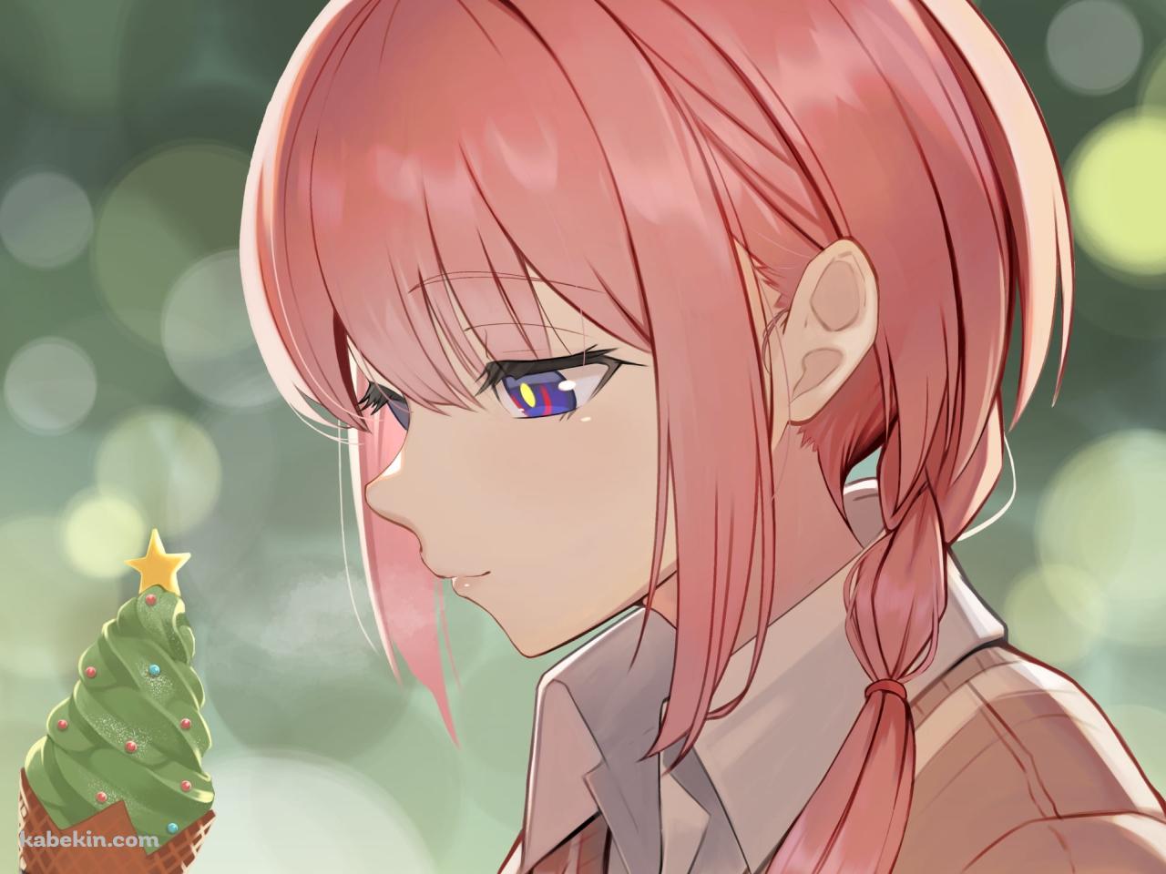クリスマスツリーを模した緑のアイスを見つめる花譜 / バーチャルYouTuber / Vtuberの壁紙(1280px x 960px) 高画質 PC・デスクトップ用