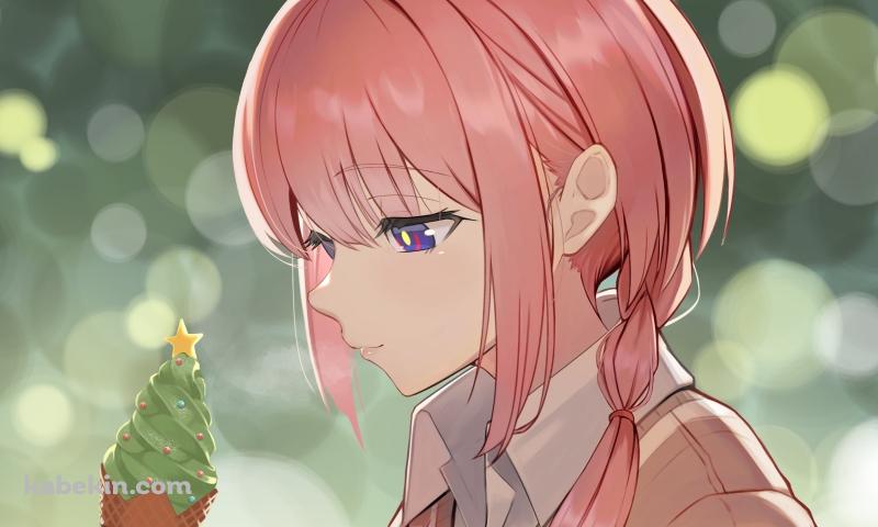 クリスマスツリーを模した緑のアイスを見つめる花譜 / バーチャルYouTuber / Vtuberの壁紙(800px x 480px) 高画質 PC・デスクトップ用