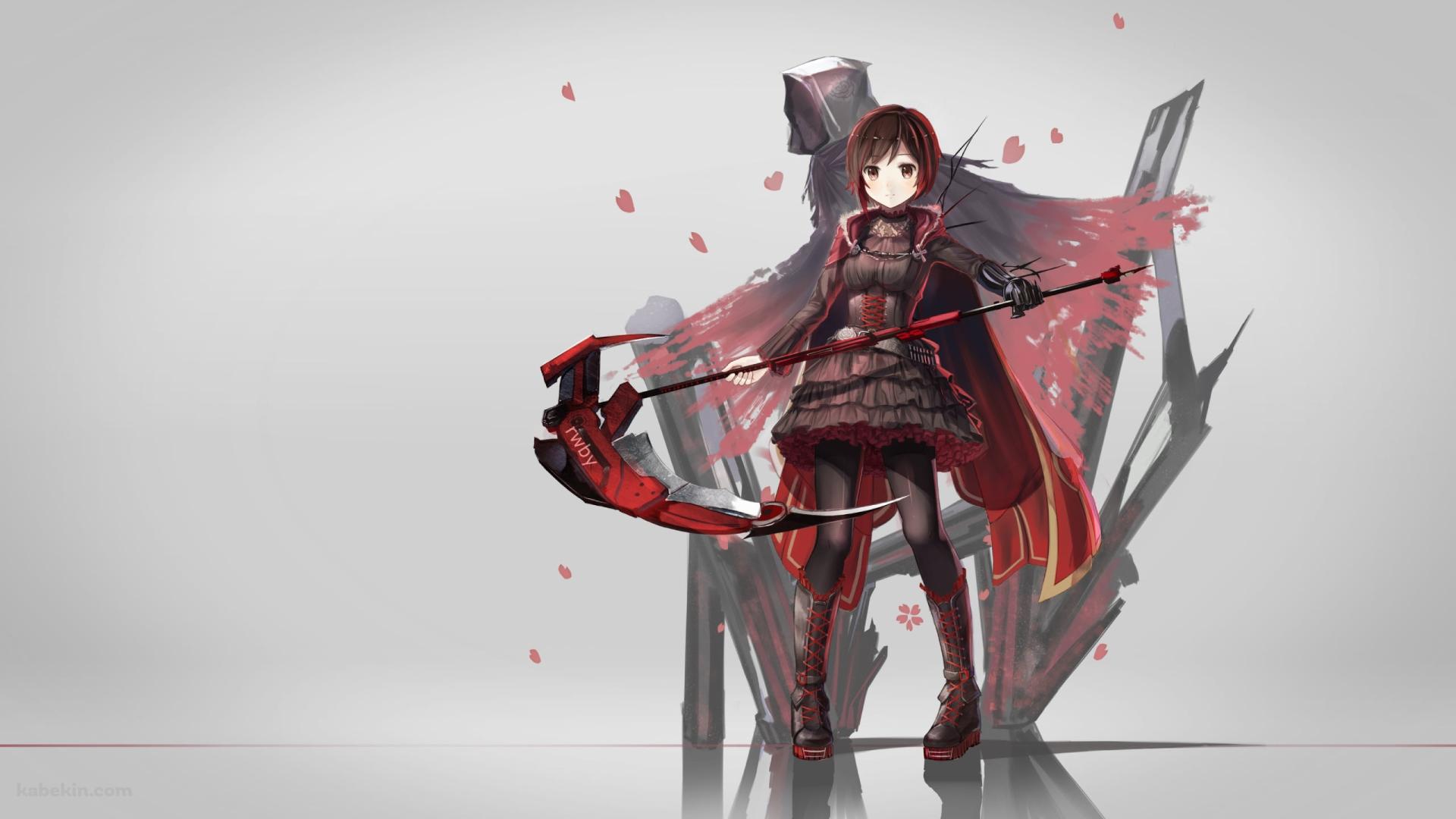 赤い大きな鎌を持つルビー・ローズ / 赤い花びら / RWBYの壁紙(1920px x 1080px) 高画質 PC・デスクトップ用