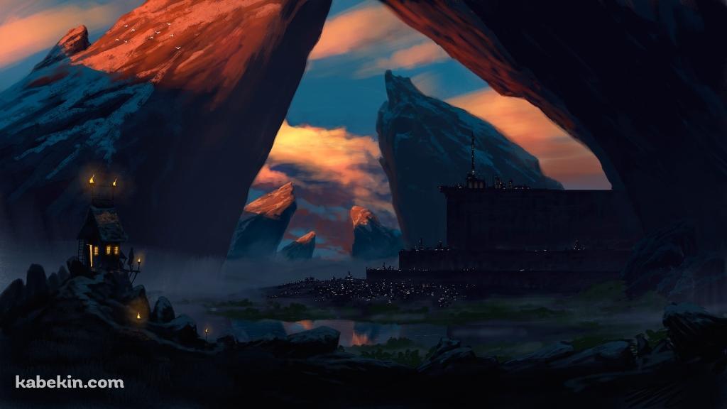 削られた岩が並び立つ下に建つ城の壁紙(1024px x 576px) 高画質 PC・デスクトップ用