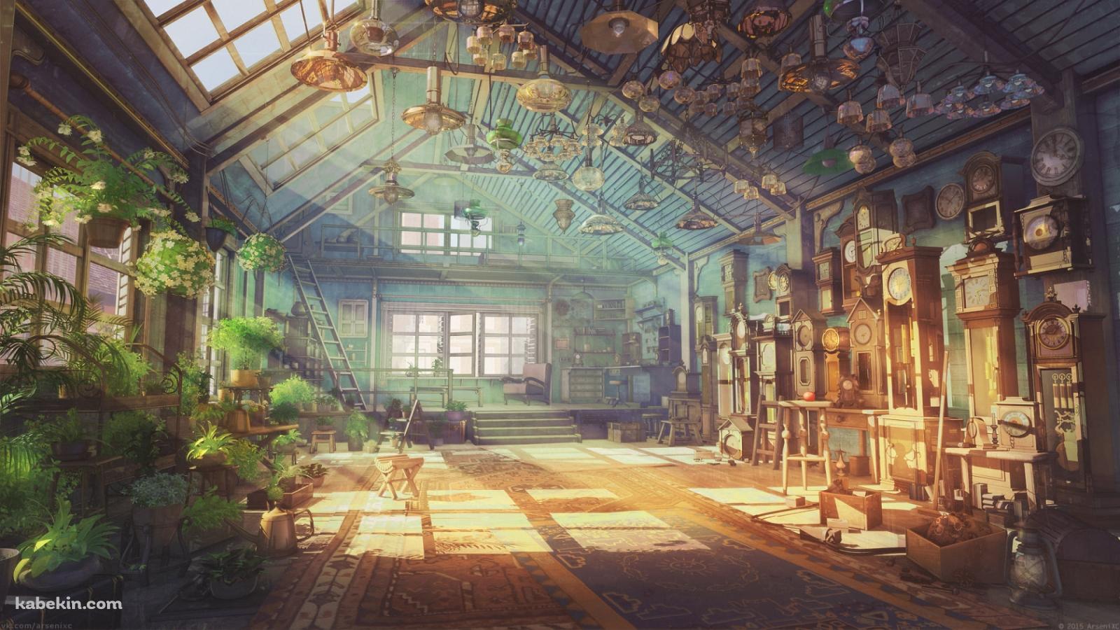沢山のランプ・植木・時計がある大きな部屋の壁紙(1600px x 900px) 高画質 PC・デスクトップ用