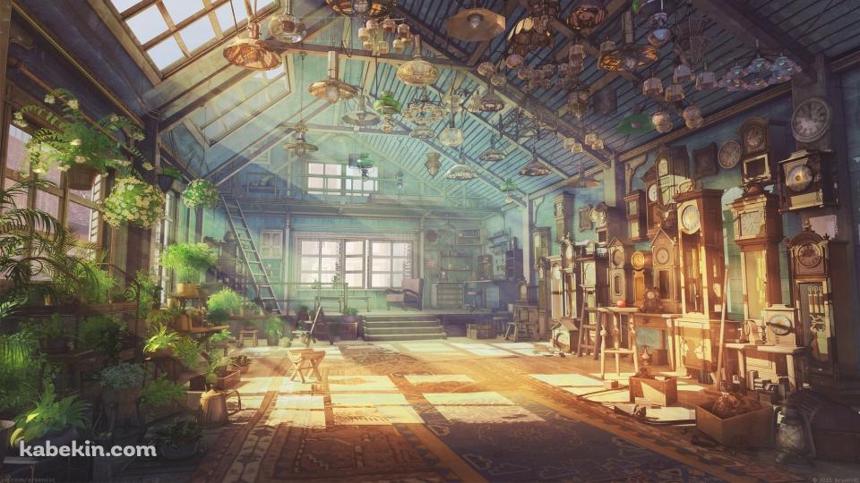 沢山のランプ・植木・時計がある大きな部屋の壁紙(960px x 540px) 高画質 PC・デスクトップ用