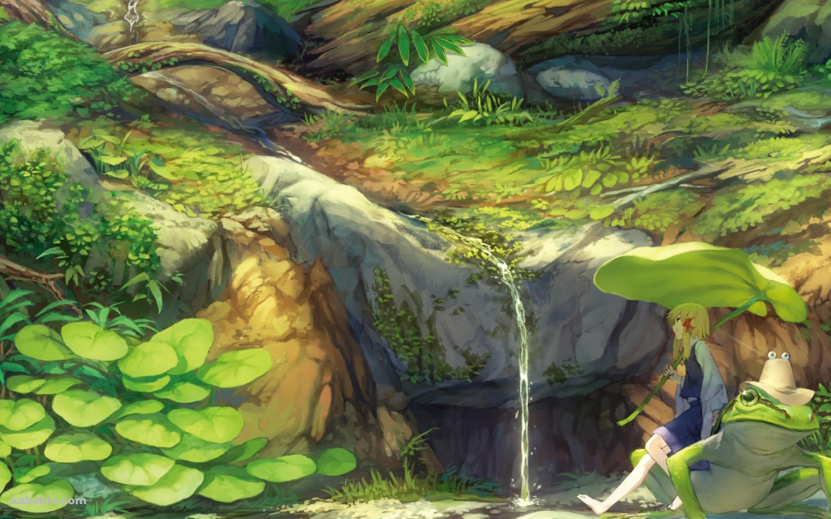 小さな滝の前で大きな蛙の上に座る洩矢諏訪子(もりやすわこ) / 東方風神録の壁紙(1680px x 1050px) 高画質 PC・デスクトップ用