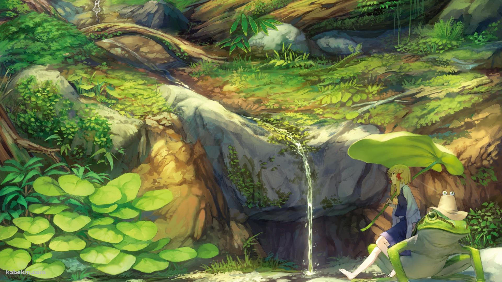 小さな滝の前で大きな蛙の上に座る洩矢諏訪子(もりやすわこ) / 東方風神録の壁紙(1920px x 1080px) 高画質 PC・デスクトップ用