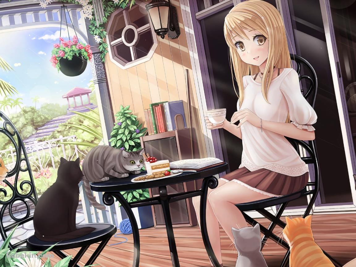 猫が沢山いる部屋でショートケーキを食べる式部 帆夏(しきぶ ほのか) / ヒカルが地球にいたころ……の壁紙(1152px x 864px) 高画質 PC・デスクトップ用