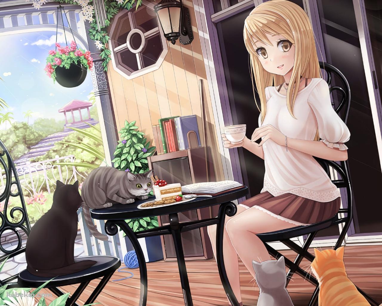 猫が沢山いる部屋でショートケーキを食べる式部 帆夏(しきぶ ほのか) / ヒカルが地球にいたころ……の壁紙(1280px x 1024px) 高画質 PC・デスクトップ用