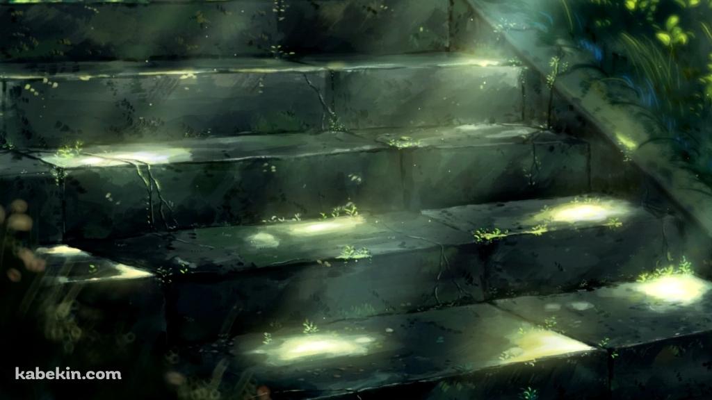 光があたる雑草が生えた古びた階段の壁紙(1024px x 576px) 高画質 PC・デスクトップ用