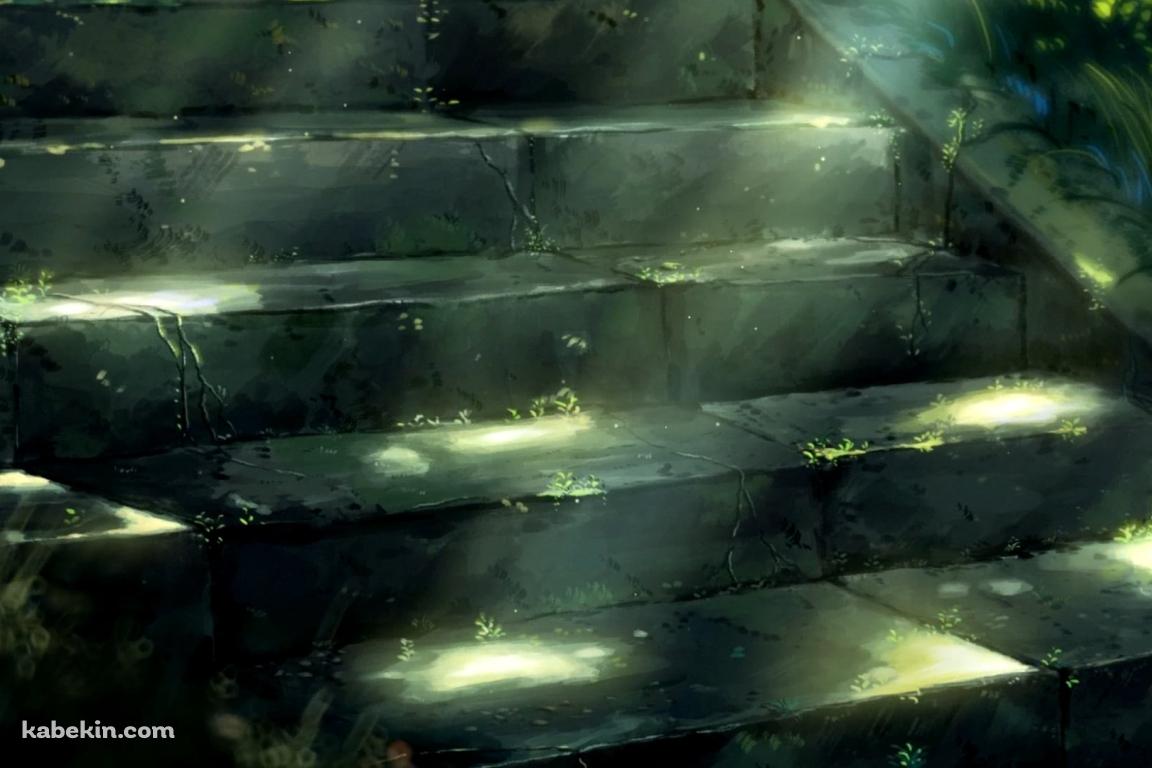 光があたる雑草が生えた古びた階段の壁紙(1152px x 768px) 高画質 PC・デスクトップ用