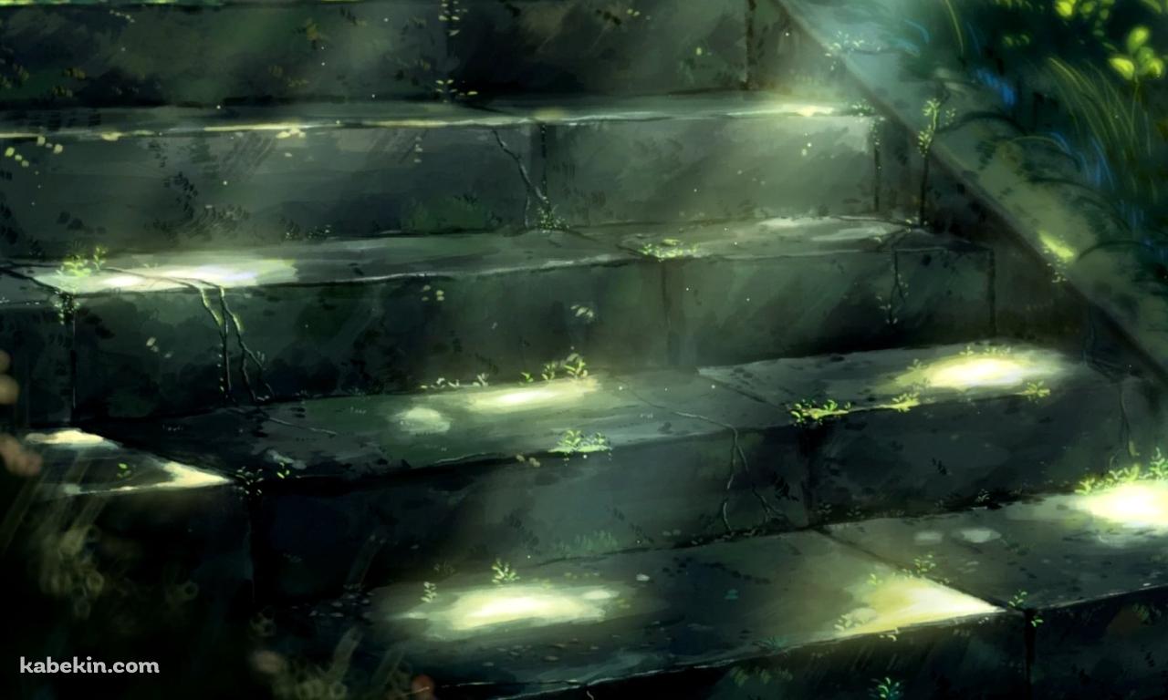 光があたる雑草が生えた古びた階段の壁紙(1280px x 768px) 高画質 PC・デスクトップ用