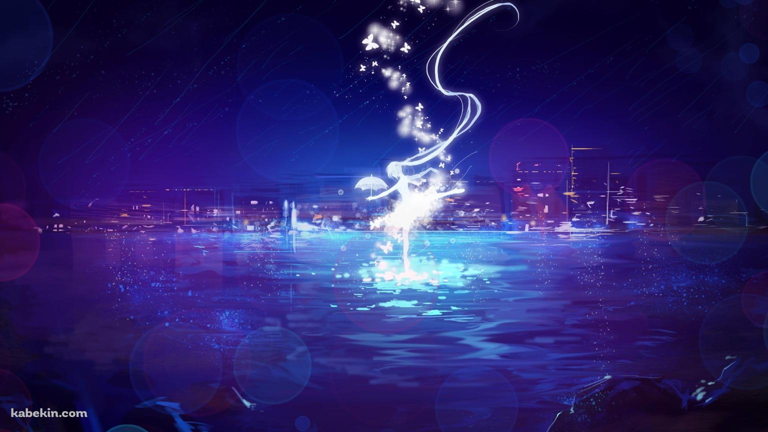 紫の海上と光る初音ミク / ボカロ / ボーカロイドの壁紙(1536px x 864px) 高画質 PC・デスクトップ用