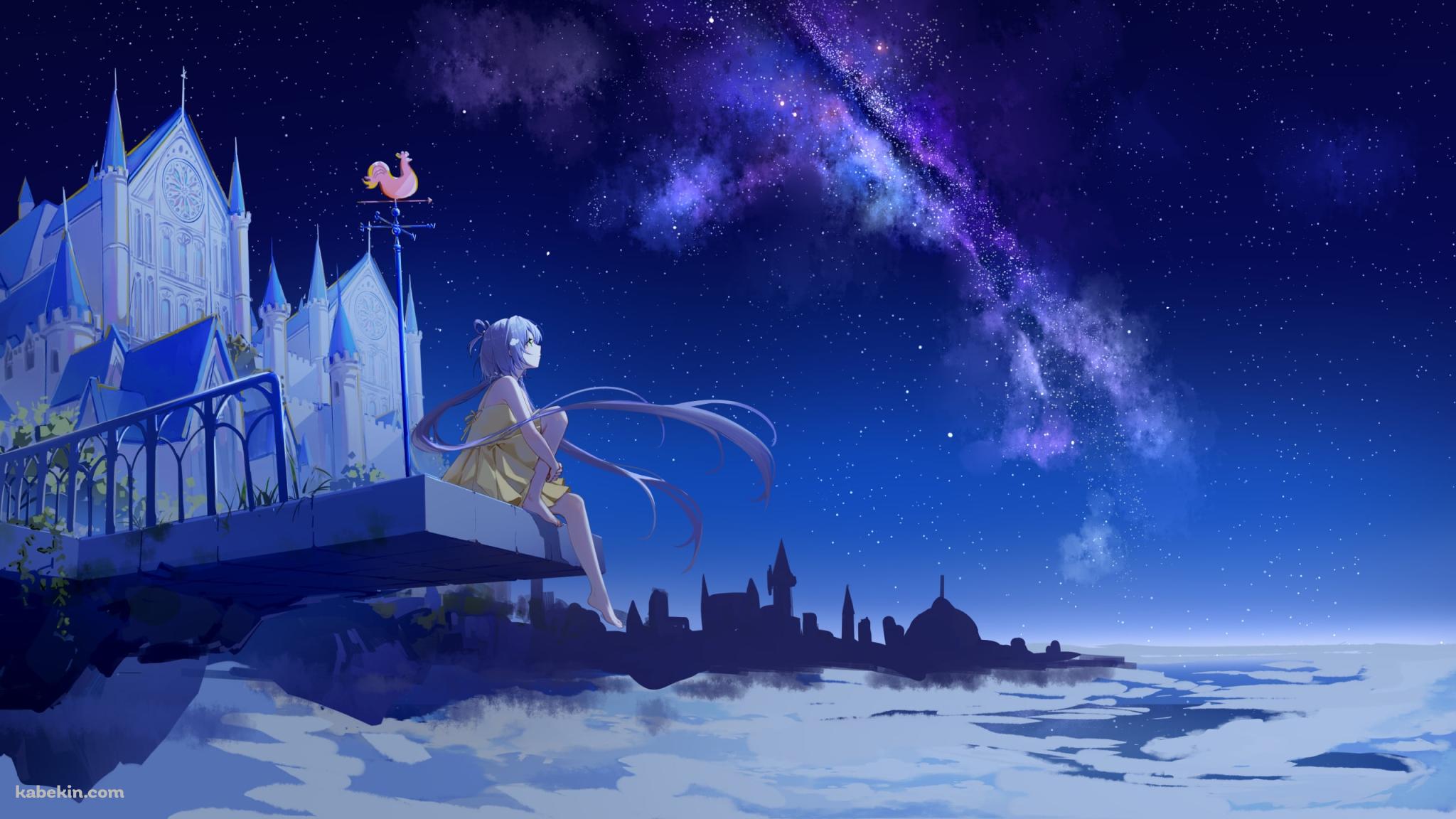大きな屋敷と銀河を眺める洛天依 / LUO TIANYI / ボカロの壁紙(2048px x 1152px) 高画質 PC・デスクトップ用