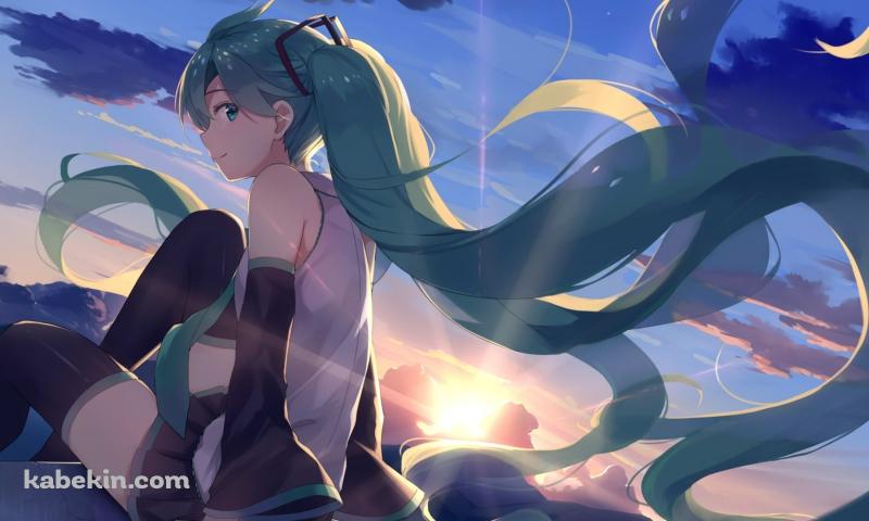 沈む夕日とこちらに微笑む初音ミクの壁紙(800px x 480px) 高画質 PC・デスクトップ用