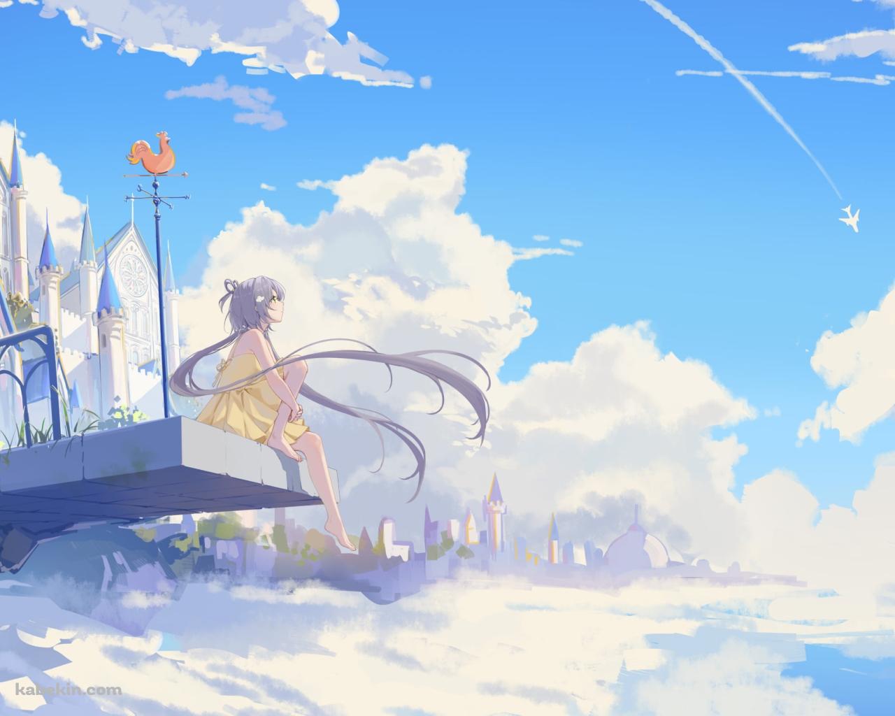 青空と飛行機と黄色い洋服を着た洛天依 / LUO TIANYI / ボカロの壁紙(1280px x 1024px) 高画質 PC・デスクトップ用