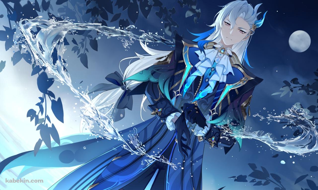 満月と水を撒き散らすヌヴィレット / Neuvillette / 原神の壁紙(1280px x 768px) 高画質 PC・デスクトップ用