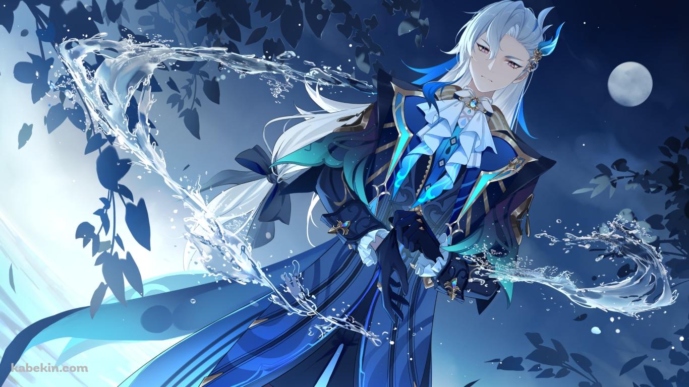 満月と水を撒き散らすヌヴィレット / Neuvillette / 原神の壁紙(1366px x 768px) 高画質 PC・デスクトップ用