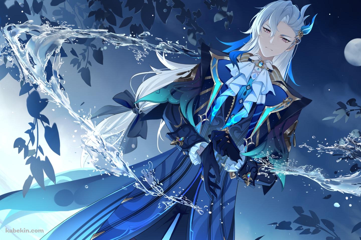 満月と水を撒き散らすヌヴィレット / Neuvillette / 原神の壁紙(1440px x 960px) 高画質 PC・デスクトップ用