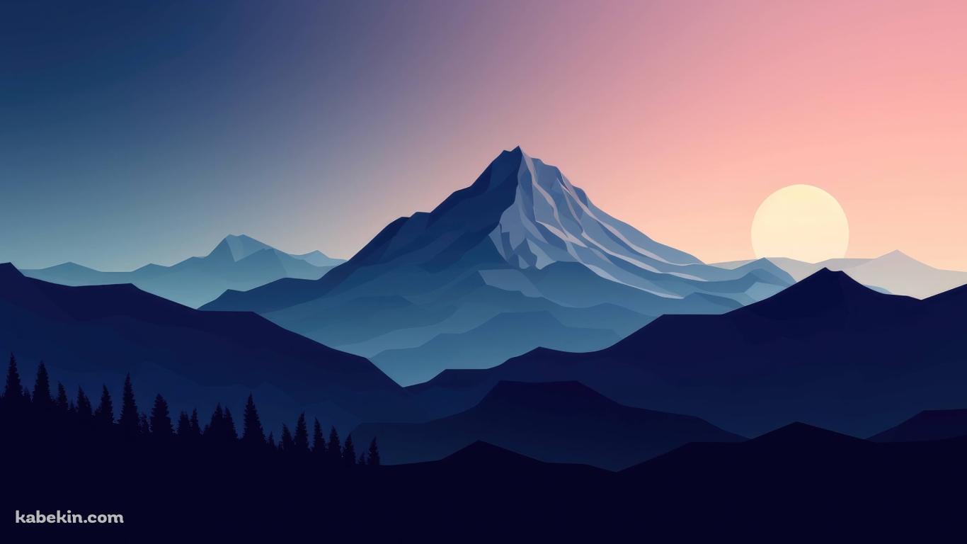 青い森と山と夕陽 / ベクターの壁紙(1366px x 768px) 高画質 PC・デスクトップ用