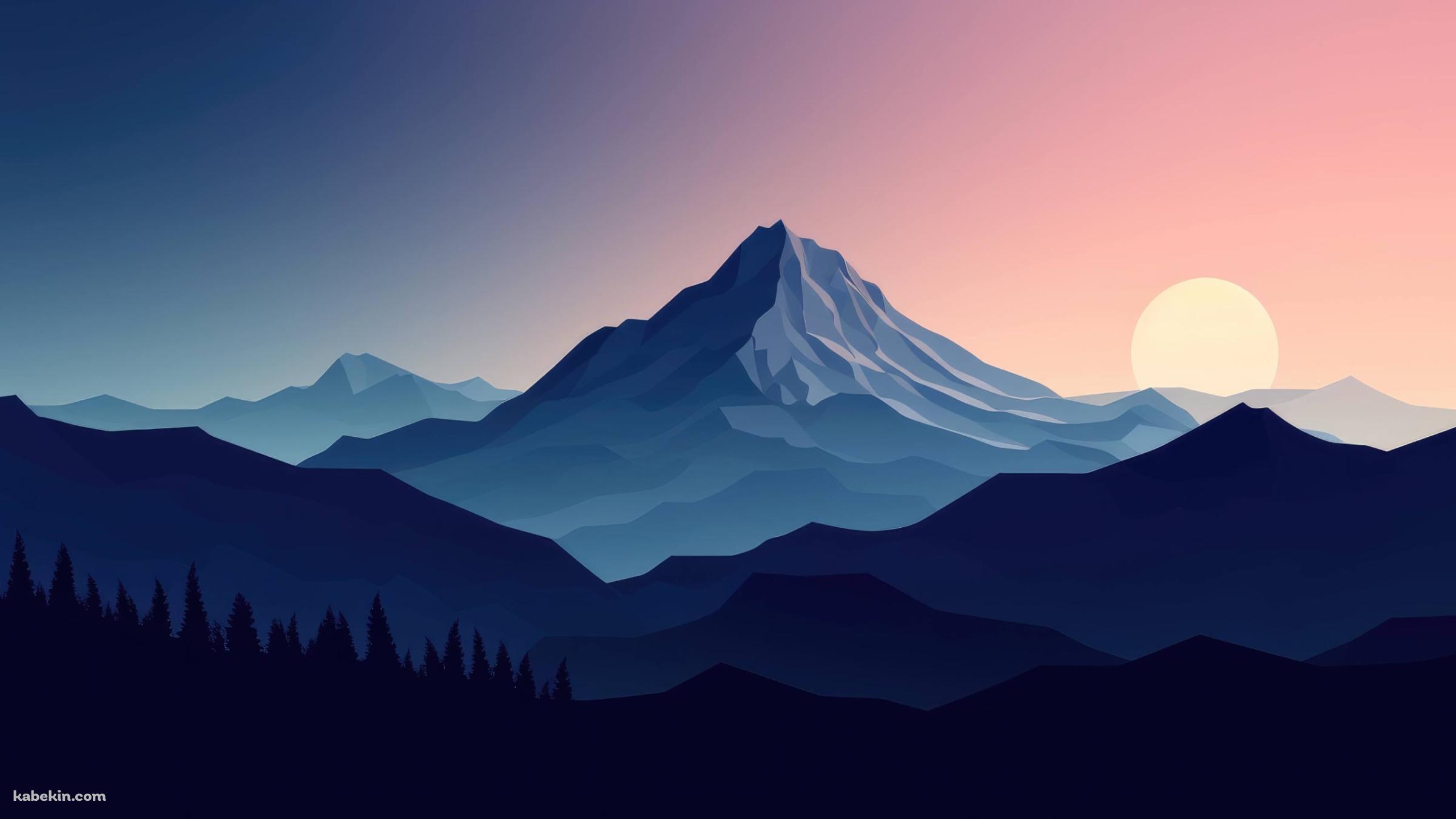青い森と山と夕陽 / ベクターの壁紙(2400px x 1350px) 高画質 PC・デスクトップ用