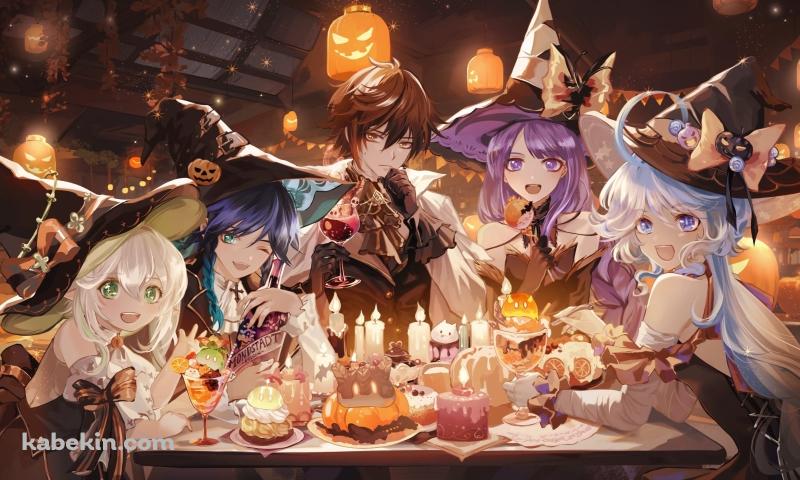 ハロウィンパーティー / 雷電将軍 / 鍾離 / ナヒーダ / ウェンティ / スライム / フリーナ / 原神の壁紙(800px x 480px) 高画質 PC・デスクトップ用