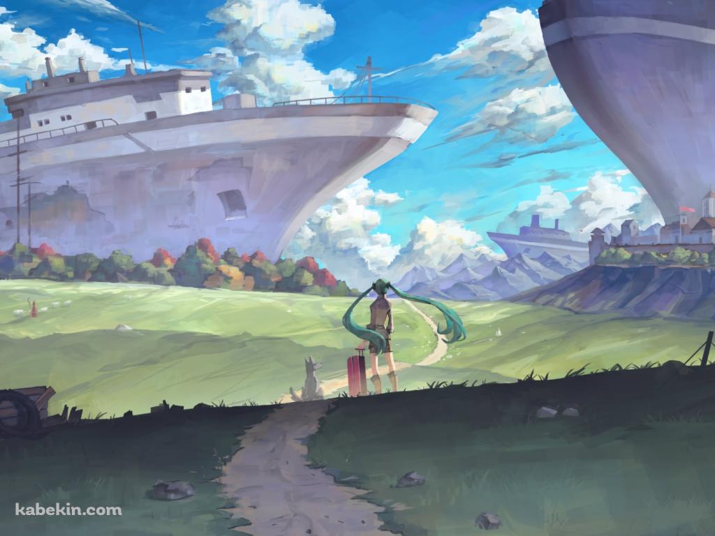 草原にある船を眺める初音ミク / ボカロ / ボーカロイドの壁紙(1024px x 768px) 高画質 PC・デスクトップ用