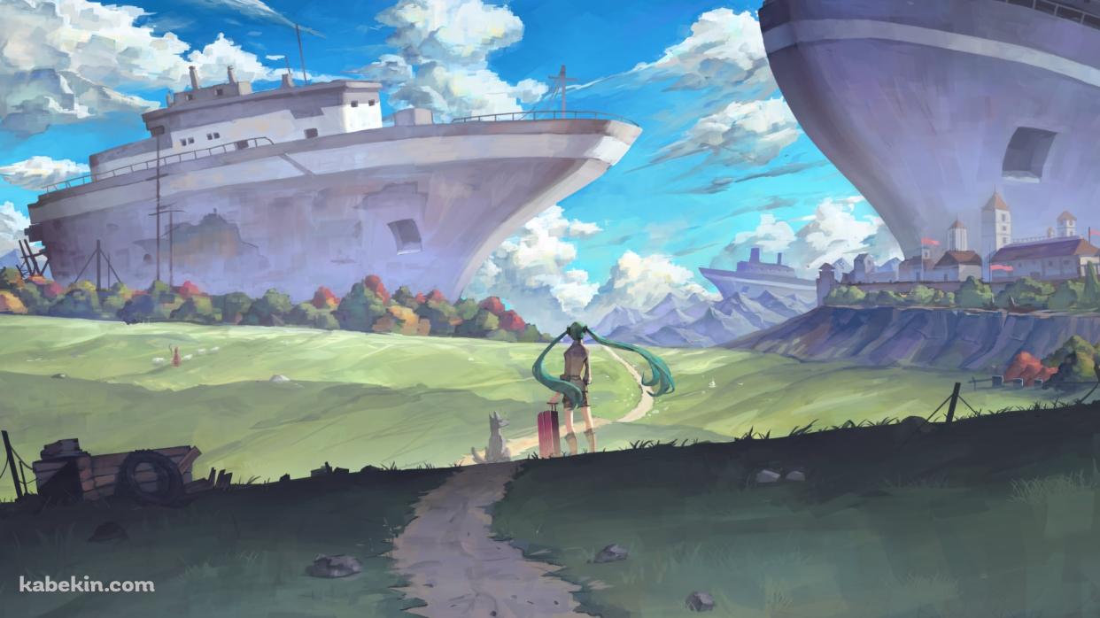 草原にある船を眺める初音ミク / ボカロ / ボーカロイドの壁紙(1242px x 698px) 高画質 PC・デスクトップ用